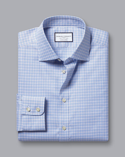 Semi-Cutaway Collar Egyptian Cotton Multi Check Shirt - Cornflower Blue
