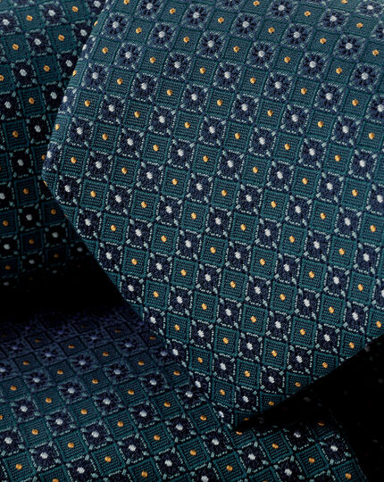 Stain Resistant Mini Floral Silk Tie - Teal Green & Navy