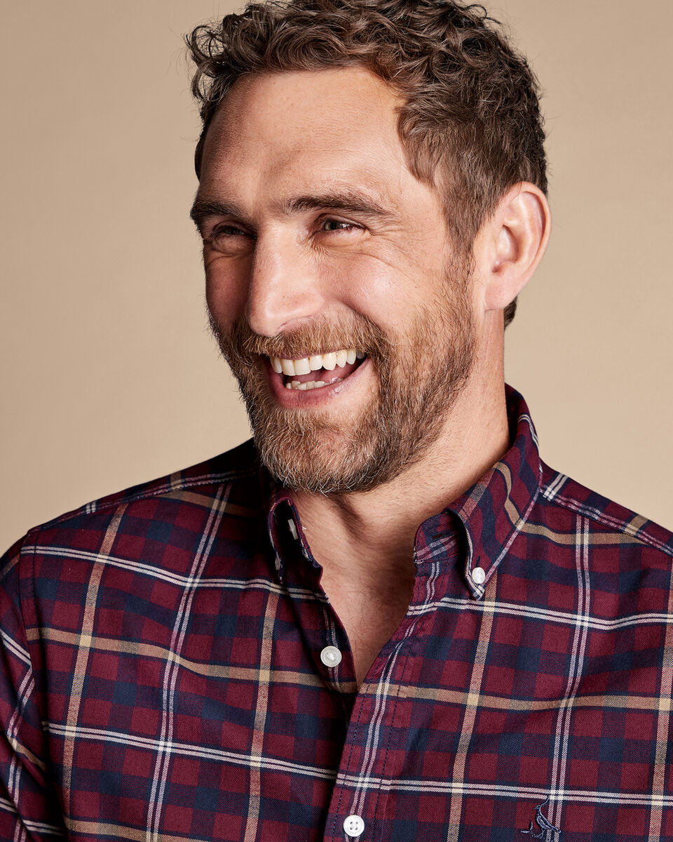 ButtonDown Collar Brushed Washed Oxford Check Shirt Dark Red Charles Tyrwhitt