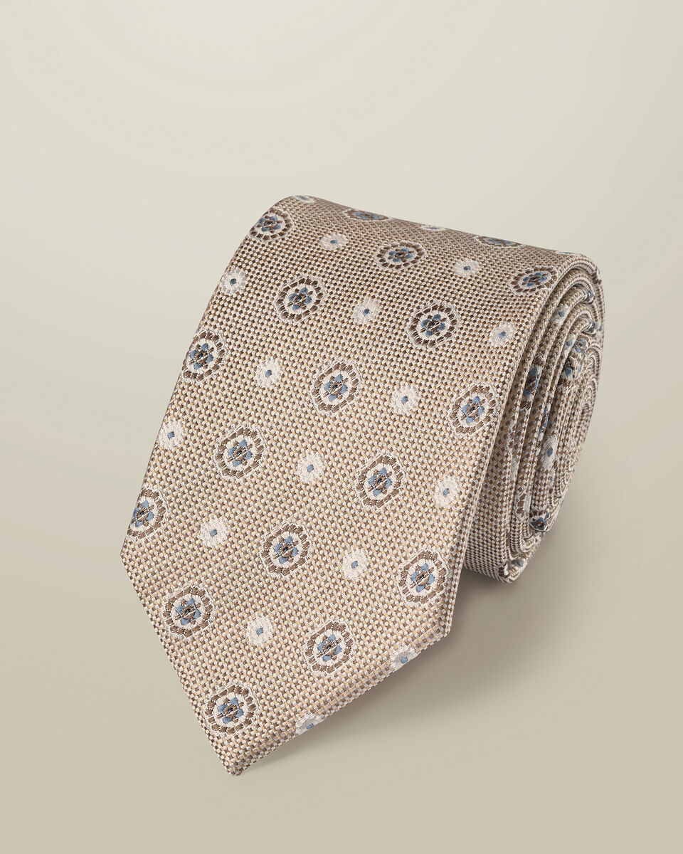 Silk Medallion Print Tie - Stone
