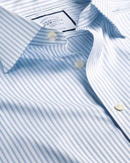 Semi-Cutaway Collar Egyptian Cotton Twill Stripe Shirt - Light Blue