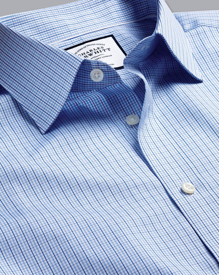 Semi-Cutaway Collar Egyptian Cotton Poplin Gingham Shirt - Sky & Blue