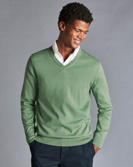 Merino V-Neck Sweater -  Green
