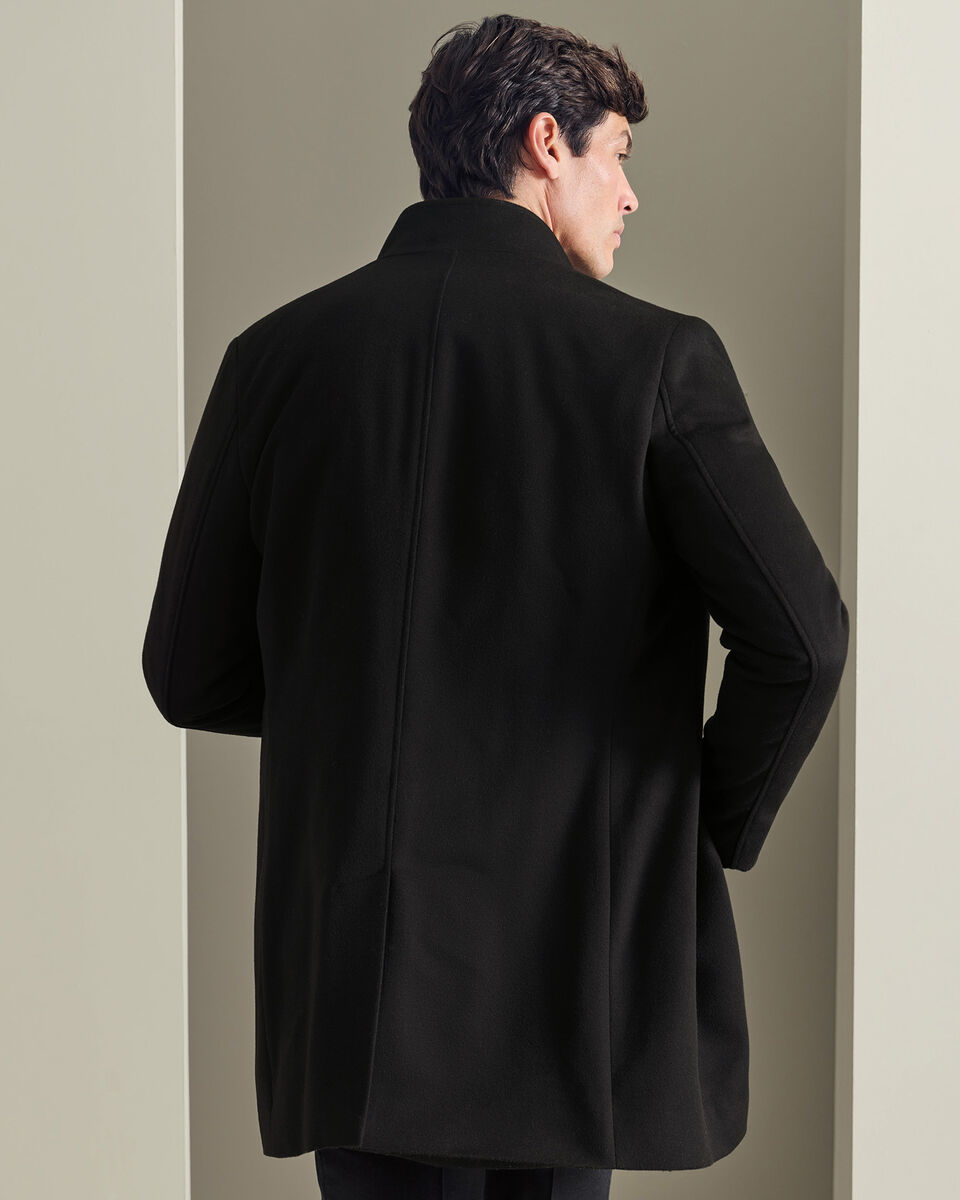 Fine Merino Wool Funnel Neck Overcoat - Black
