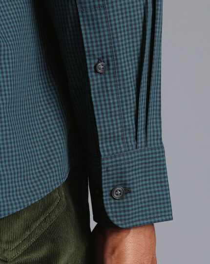 Button-Down Collar Non-Iron Stretch Poplin Mini Gingham Check Shirt - Teal Green