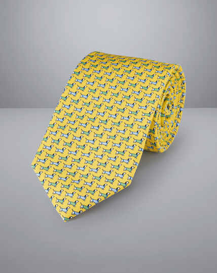 Dog in Jumper Motif Print Silk Tie - Lemon Yellow