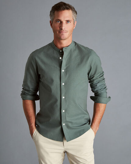 Collarless Cotton Linen Shirt - Olive Green