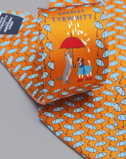 Raining Cats And Dogs Print Silk Tie - Orange