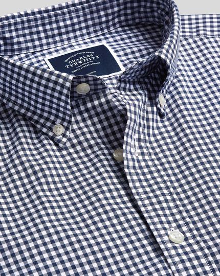 Button-Down Collar Non-Iron Stretch Poplin Gingham Shirt - Navy ...