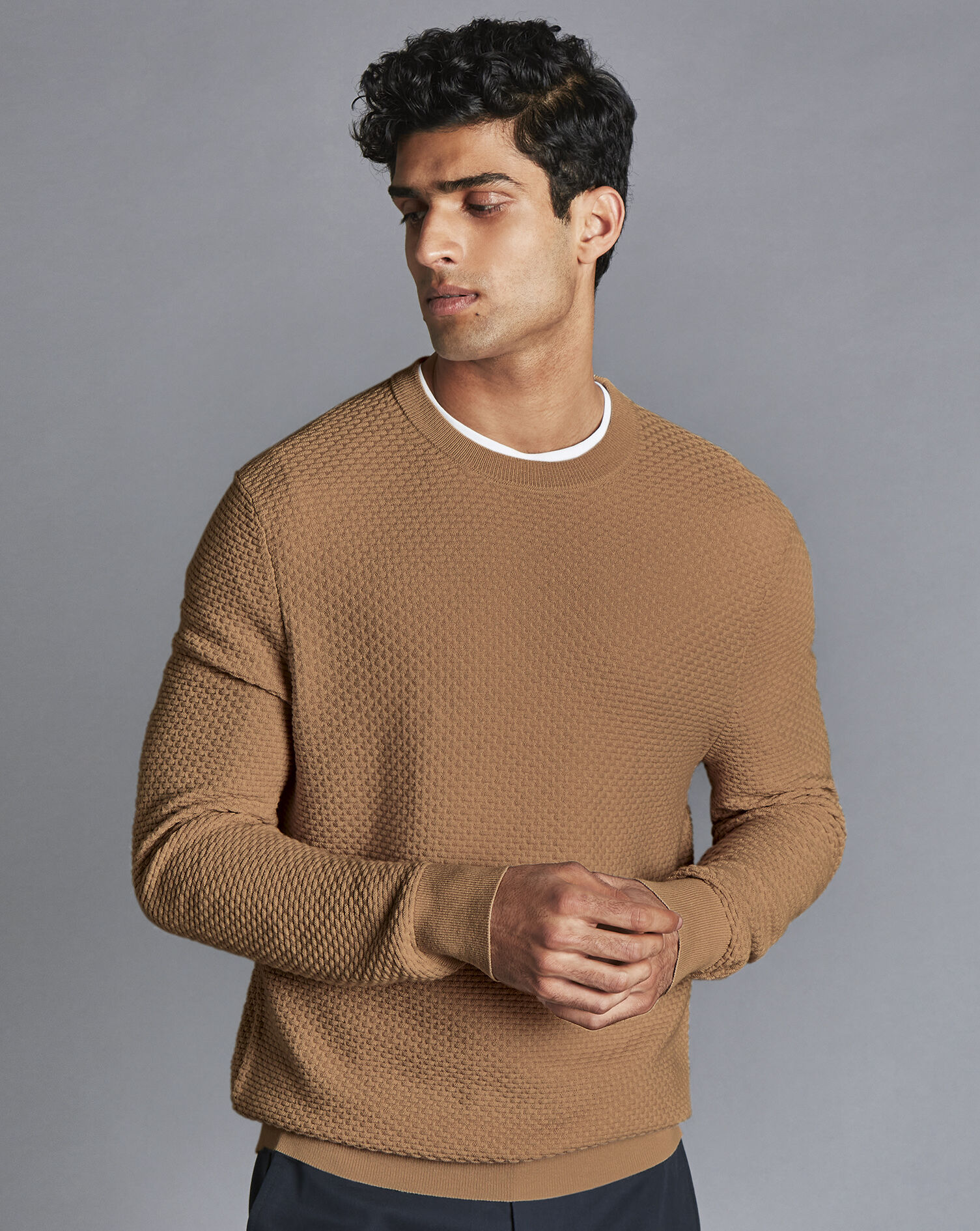 Cotton Merino Textured Crew Neck Jumper 
