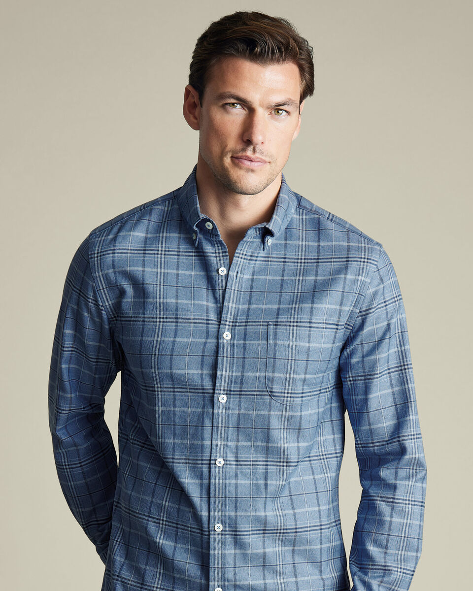 Chemise en serg&eacute; &agrave; carreaux &eacute;cossais sans repassage - Bleu indigo
