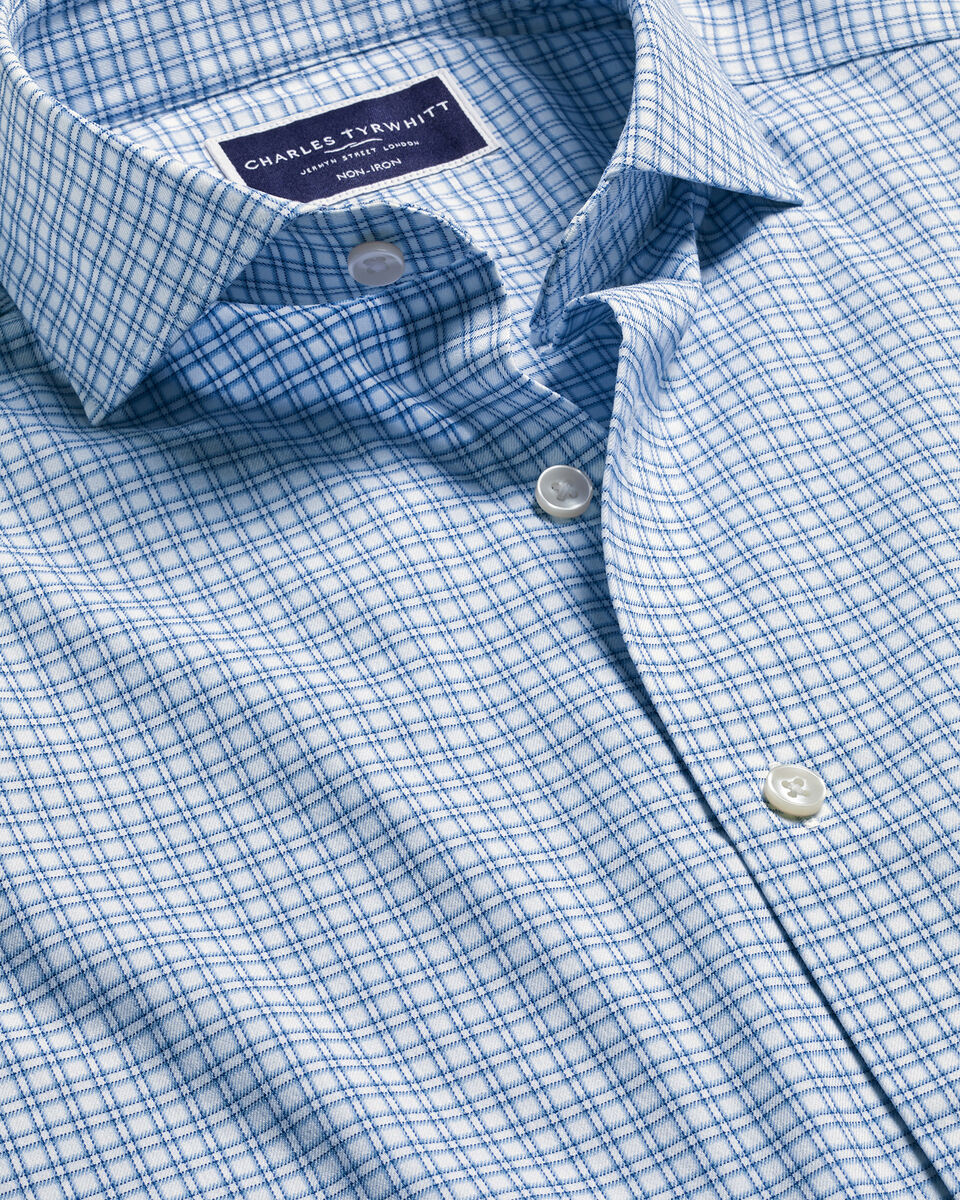 Charles | Tyrwhitt Grid - Stretch Ocean Twill Check Shirt Non-Iron Blue