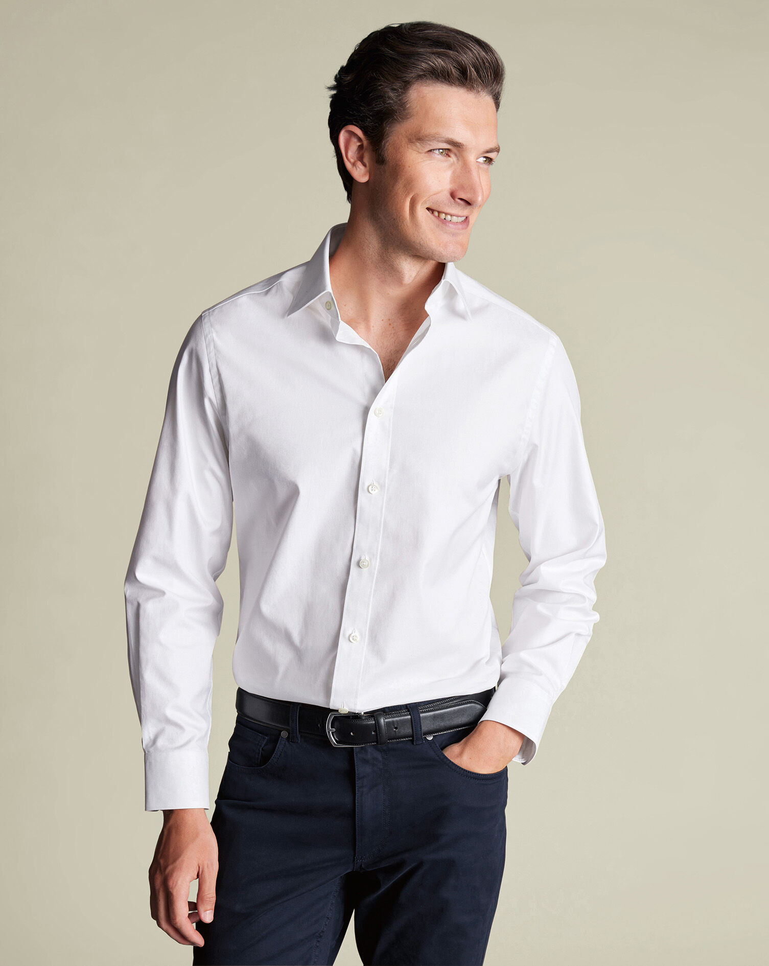 Semi-Spread Collar Egyptian Cotton Twill Shirt - White