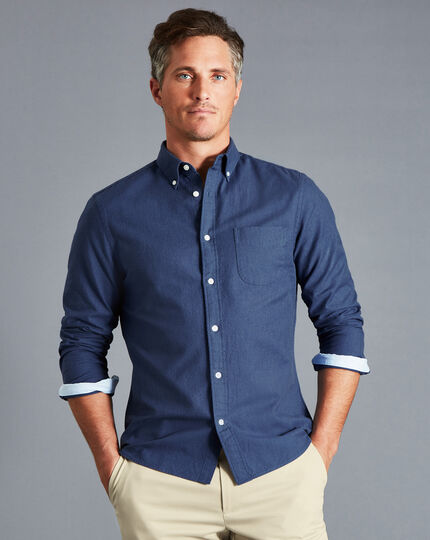 Button-Down Collar Washed Oxford Shirt with Pocket - Dark Blue Melange