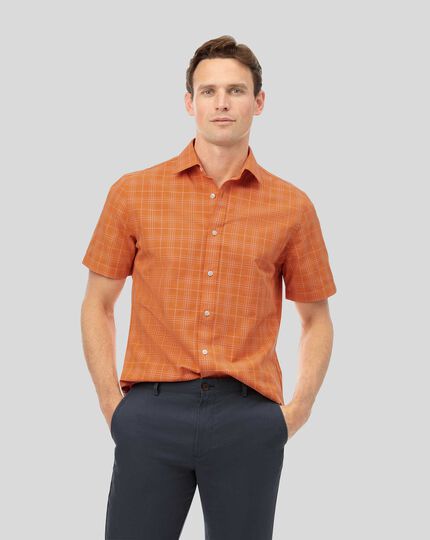 Classic Collar Short Sleeve Tone-on-tone Check Shirt - Orange
