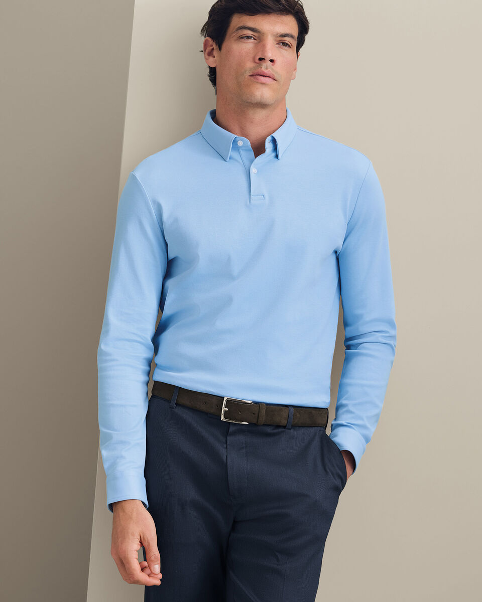 Long Sleeve Smart Cotton Polo - Sky Blue