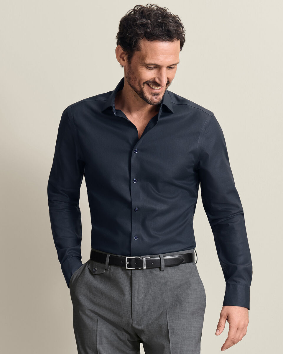 Camisa De Trim Impreso Floral El&aacute;stico Sin Plancha - Azul Marino