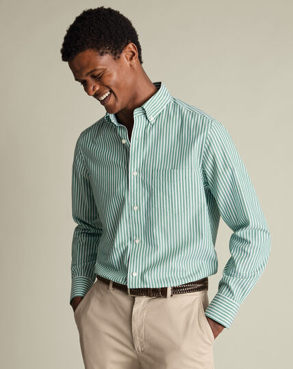 green striped dress shirt Striped Linen Shirt Military Green Slim Fit / S 38