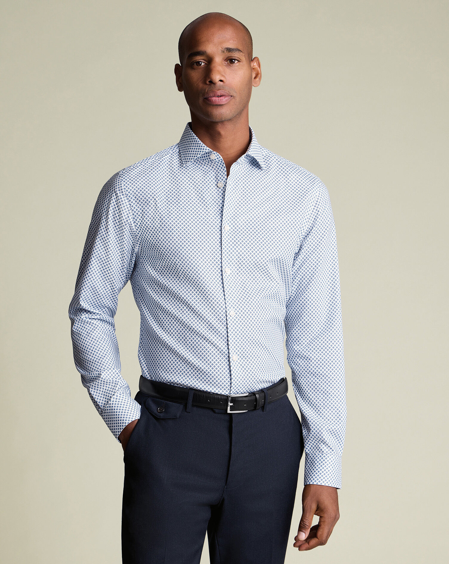 Non-Iron Stretch Diamond Print Shirt - Denim Blue