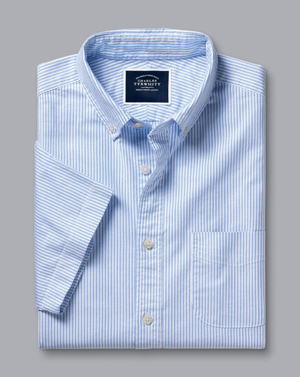 Button-Down Collar Washed Oxford Stripe Short Sleeve Shirt - Ocean Blue