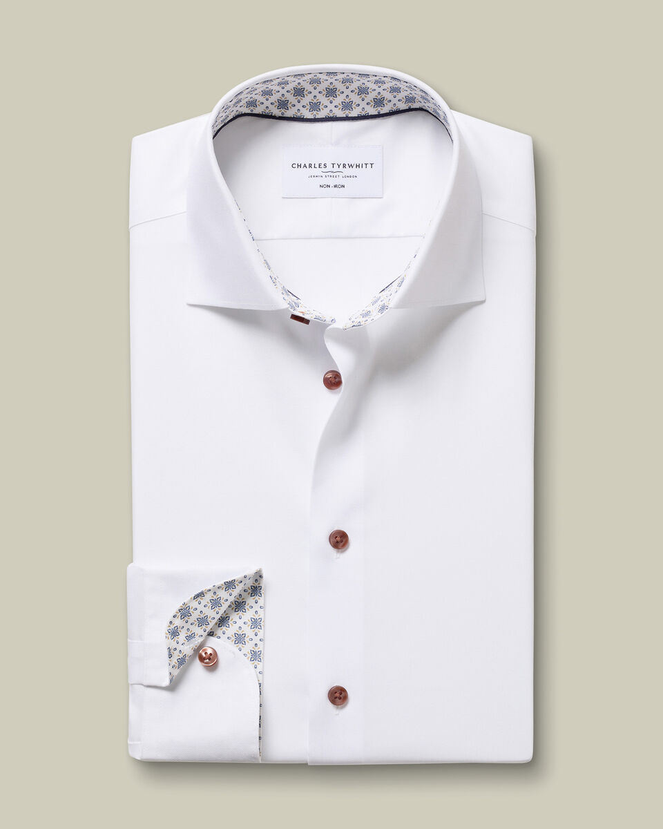 Non-Iron Stretch Printed Trim Shirt - White