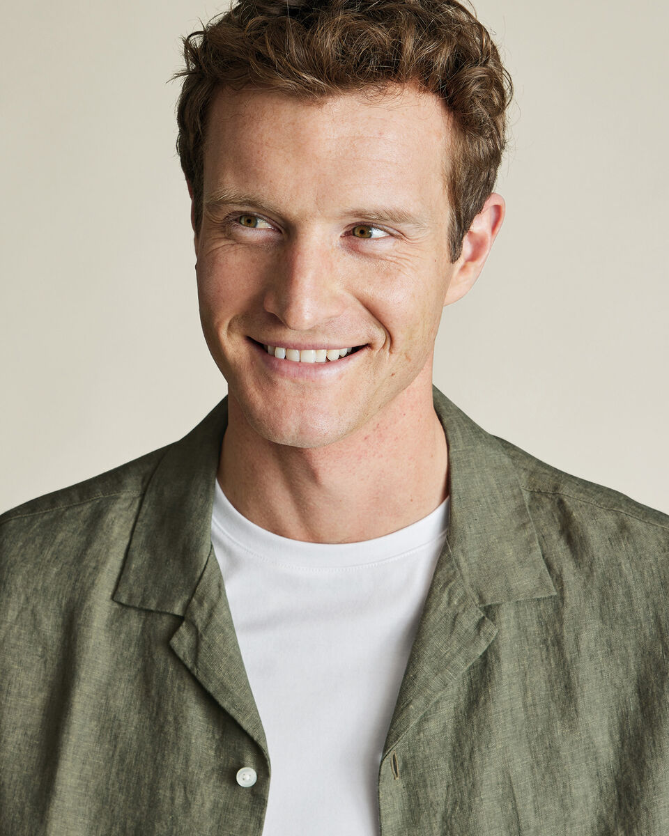 Short Sleeve Revere Pure Linen Shirt - Olive Green