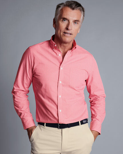 Button-Down Collar Non-Iron Stretch Poplin Mini Gingham Shirt - Bright Pink