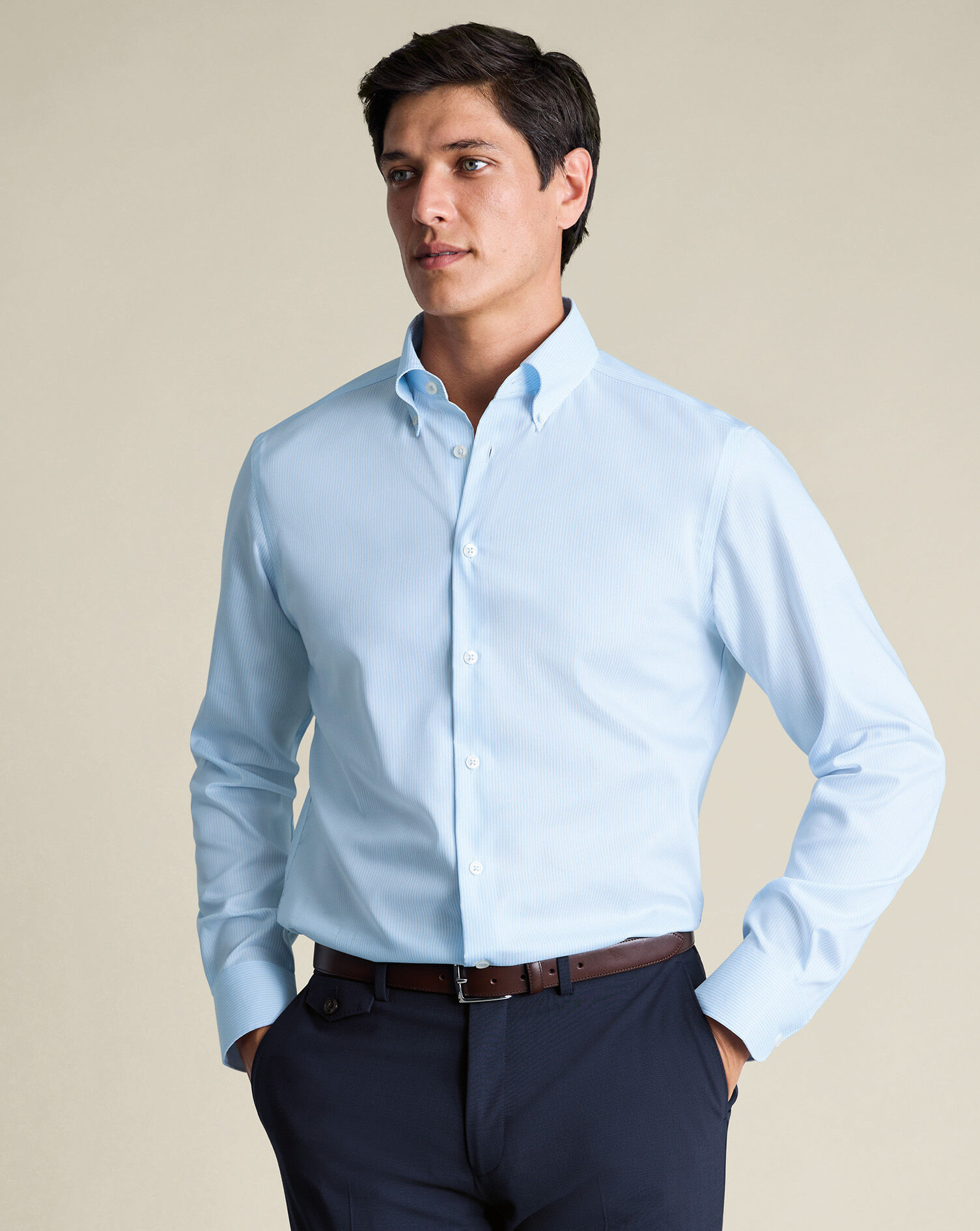 セオリー 24SS STRETCH OXFORD COLLARLESS VT Non-Iron Stretch Pinpoint Oxford Stripe Shirt – Sky Blue | Charles