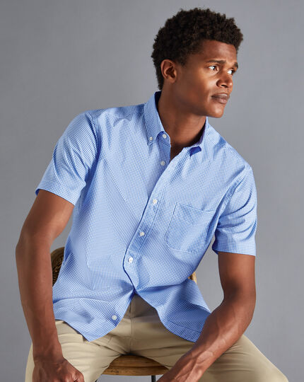 Button-Down Collar Non-Iron Stretch Mini Gingham Short Sleeve Shirt - Ocean Blue