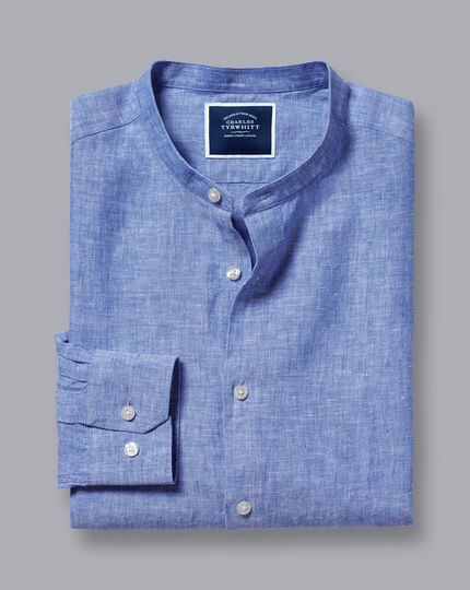 Collarless Linen Shirt - Cobalt Blue