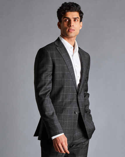 Windowpane Check Suit Jacket - Grey