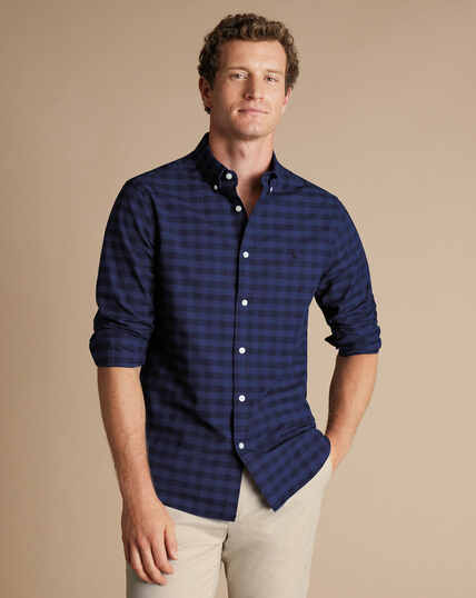 Button-Down Collar Stretch Washed Oxford Gingham Shirt - Ink Blue