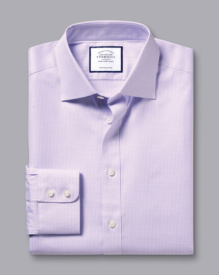 Twill-Hemd aus ägyptischer Baumwolle mit Semi-Haifischkragen und Mini-Karos - Violett