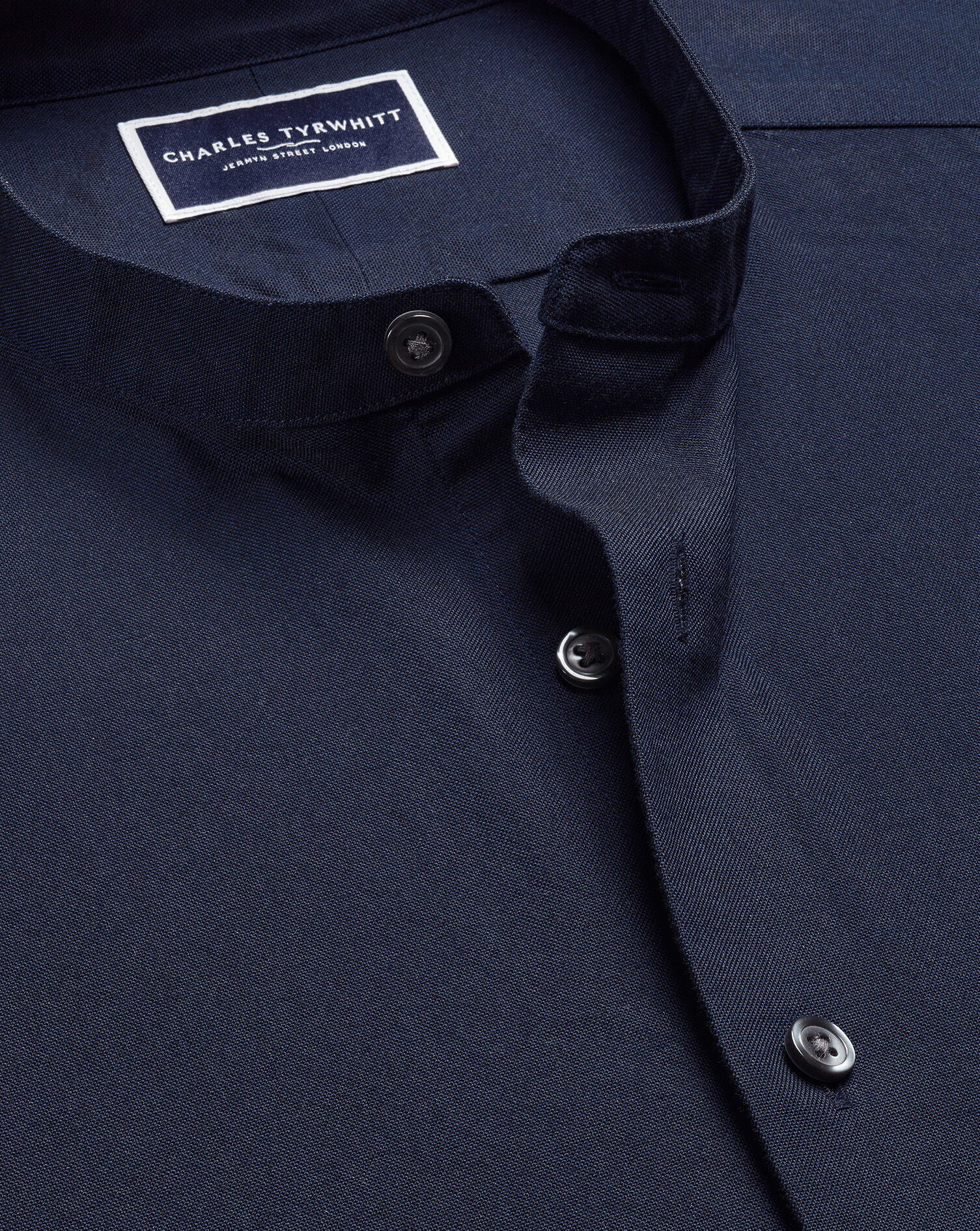 Collarless Stretch Washed Oxford Shirt - Ink Blue | Charles