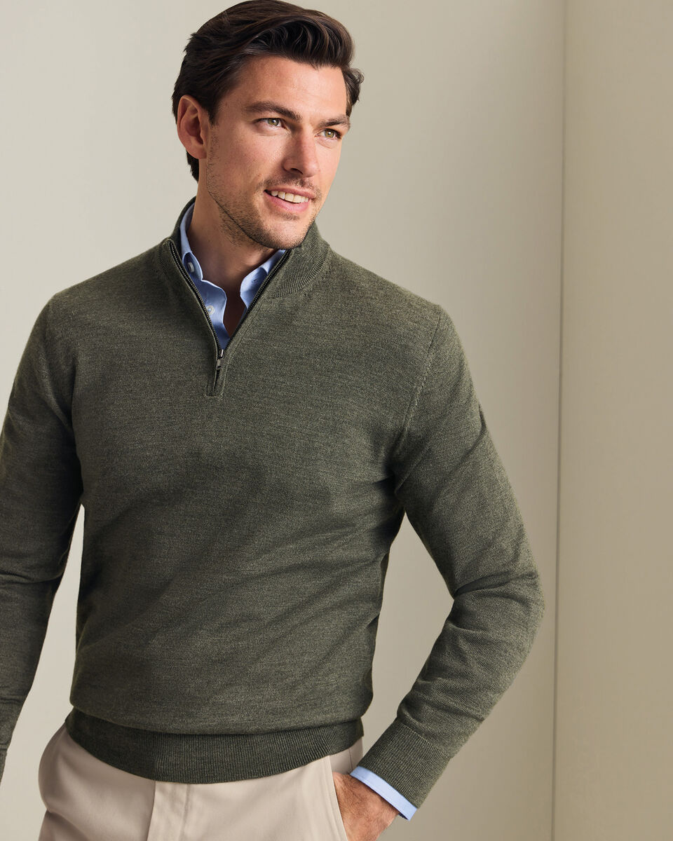 Pull &agrave; col zipp&eacute; en m&eacute;rinos - Vert Olive Chin&eacute;