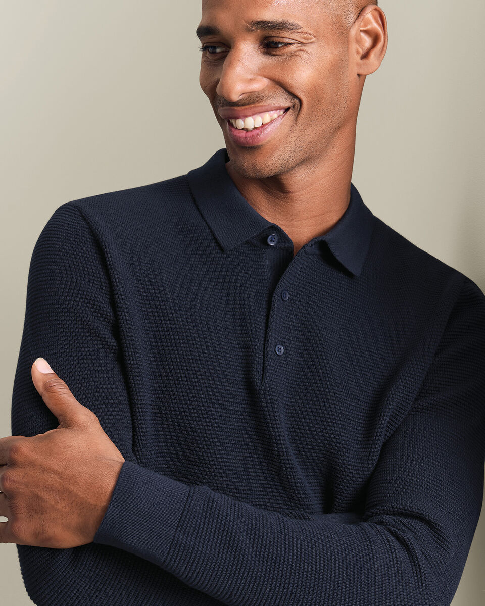Katoen Polo Met Lange Mouwen En Gewoven - Marineblauw