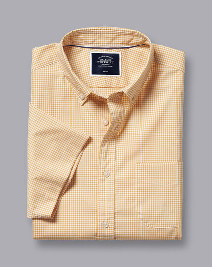Bügelfreies, kurzärmeliges Stretch-Hemd mit Button-down-Kragen und Mini-Gingham-Karos - Sonnenblumengelb