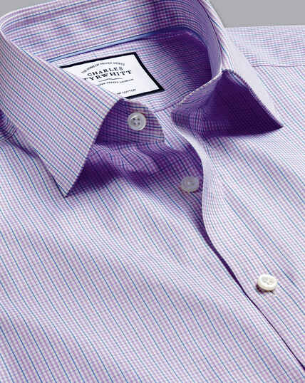 Semi-Cutaway Collar Egyptian Cotton Poplin Gingham Shirt - Lilac & Blue