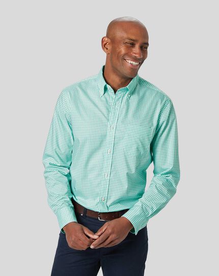 Button-Down Collar Non-Iron Stretch Poplin Gingham Shirt - Light Green