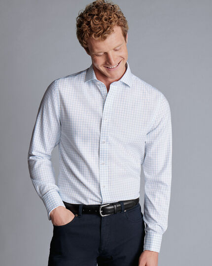 Spread Collar Non-Iron Clifton Weave Check Shirt - Cornflower Blue