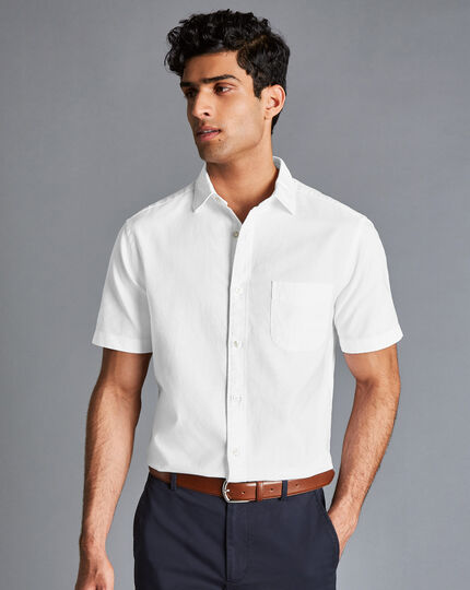 Oxford-Kurzarmhemd aus Baumwoll und Leinen - Weiß