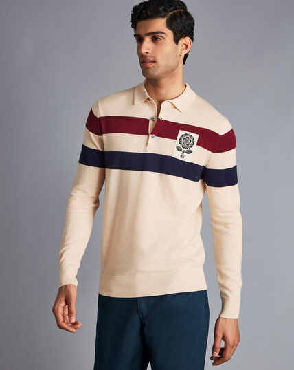 LIMITED EDITION England Rugby Merino Polo Stripe Sweater - Stone
