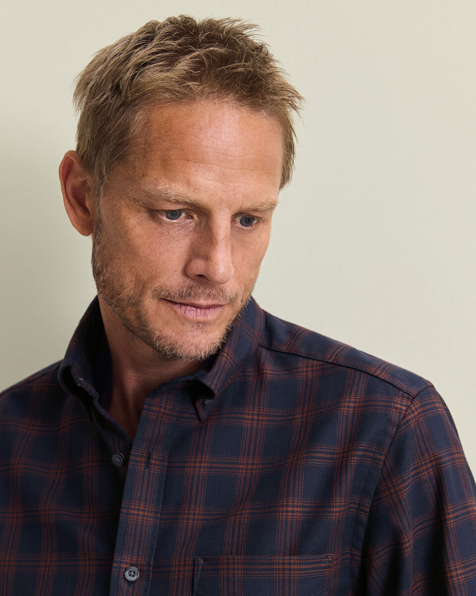 Non-Iron Twill Check Shirt - Navy & Amber