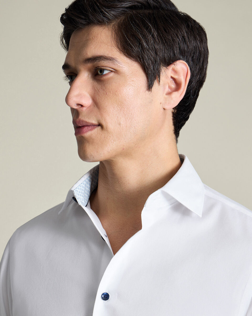 Non-Iron Stretch Printed Trim Shirt - White & Light Blue