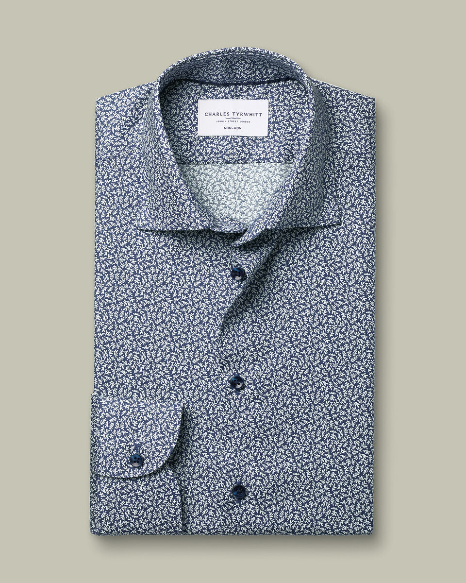 Non-Iron Stretch Print Shirt - Dark Blue
