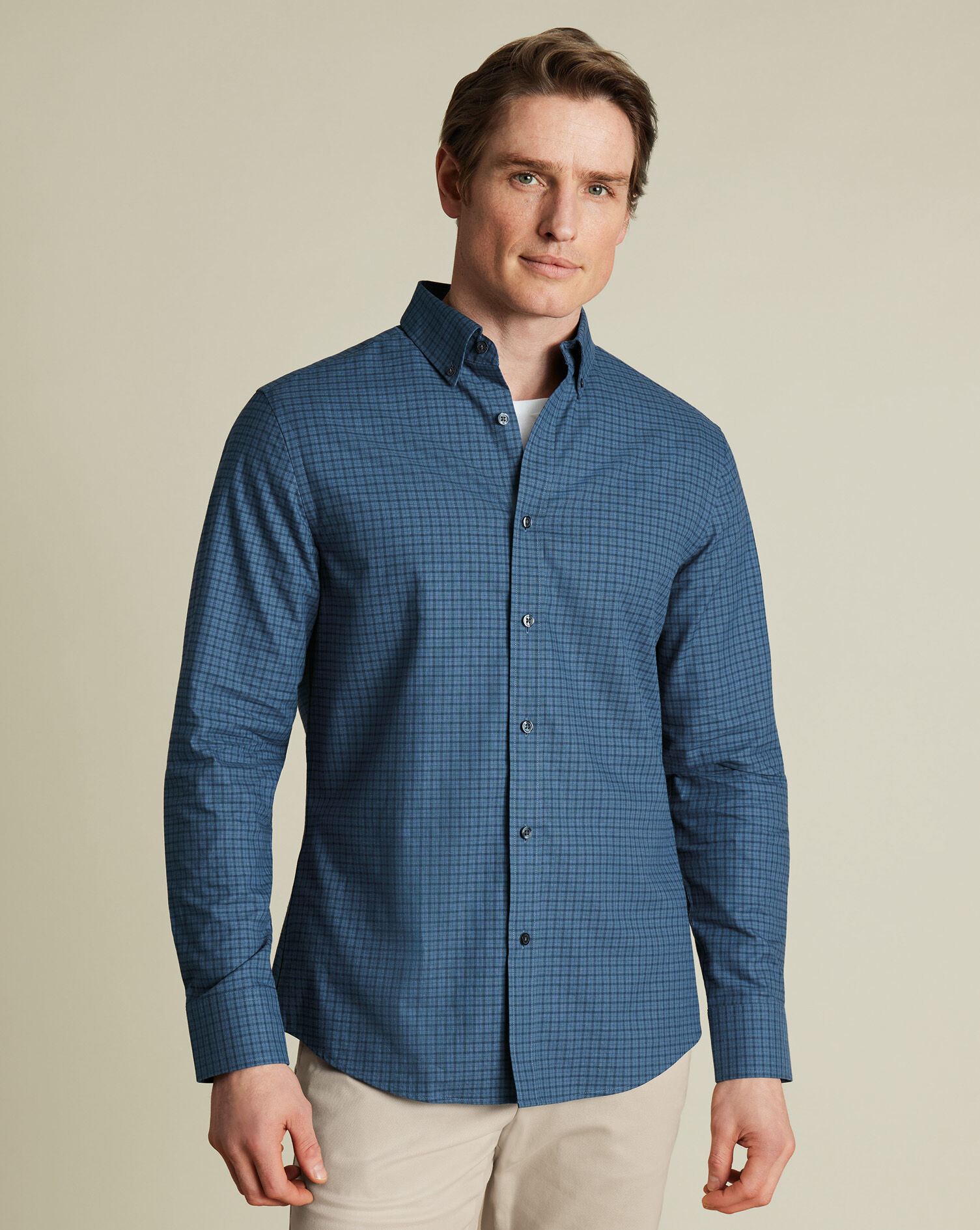 Brushed Cotton Twill Check Shirt - Petrol Blue | Charles Tyrwhitt US