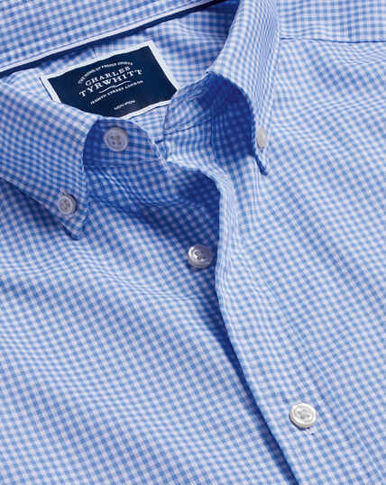 Bügelfreies, kurzärmeliges Stretch-Hemd mit Button-down-Kragen und Mini-Gingham-Karos - Ozeanblau