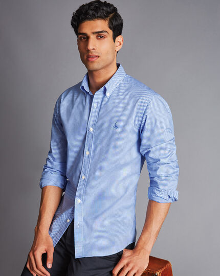 Button-Down Collar Non-Iron Stretch Poplin Mini Gingham Shirt - Ocean Blue