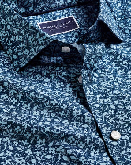 Made with Liberty Fabric Semi-Spread Collar Floral Print Shirt - Steel Blue