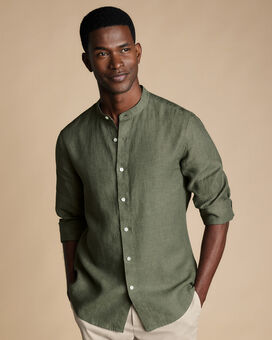 Collarless Pure Linen Shirt - Olive Green